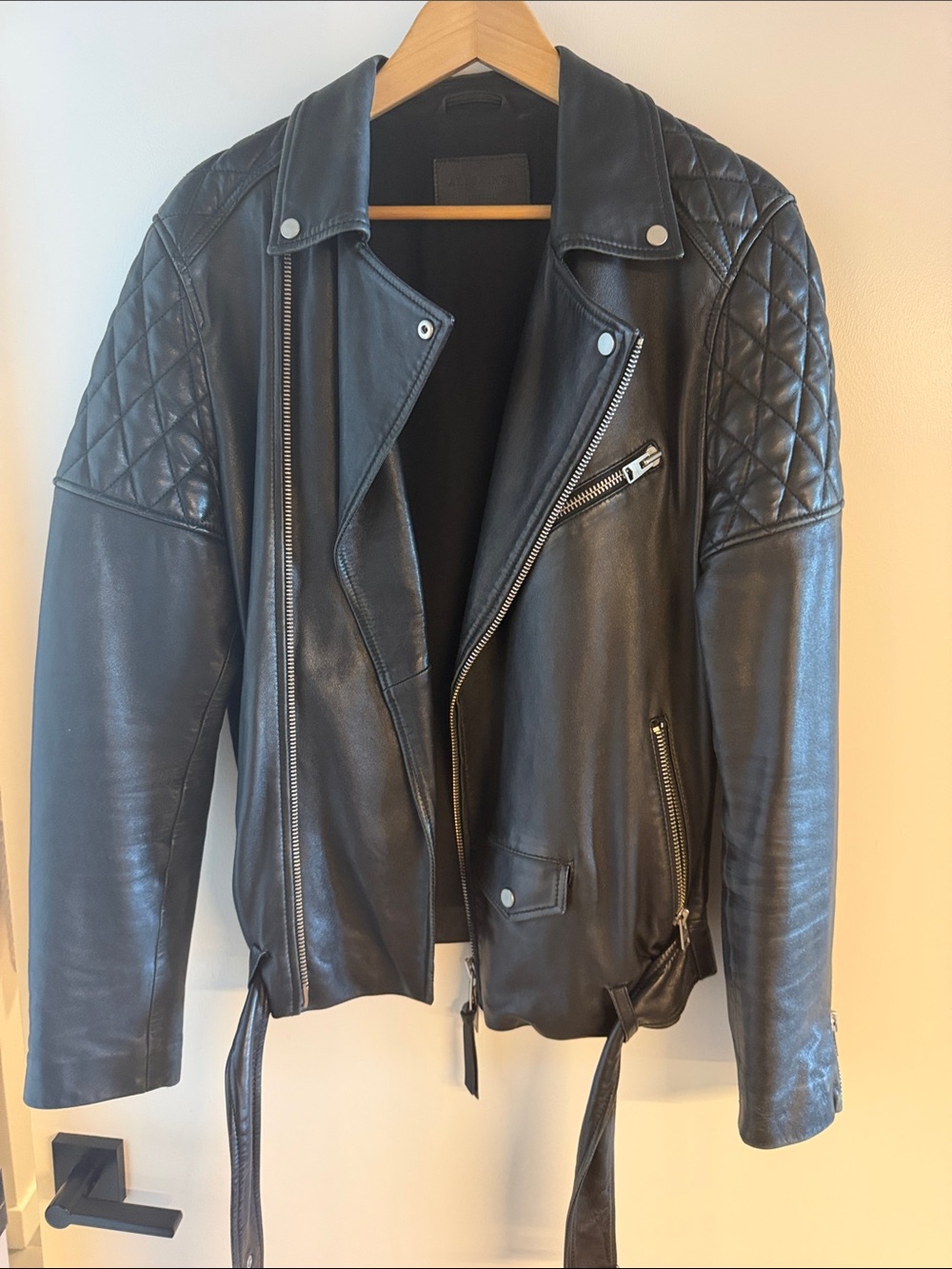 AllSaints Black Quilted Shoulder Leather Moto Jacket